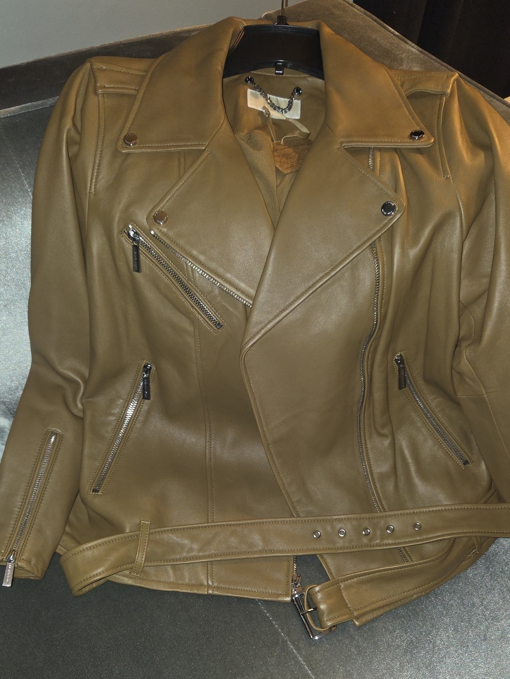NEW! Michael Kors Women's Olive Brown Faux Leather Moto Jacket, 1X